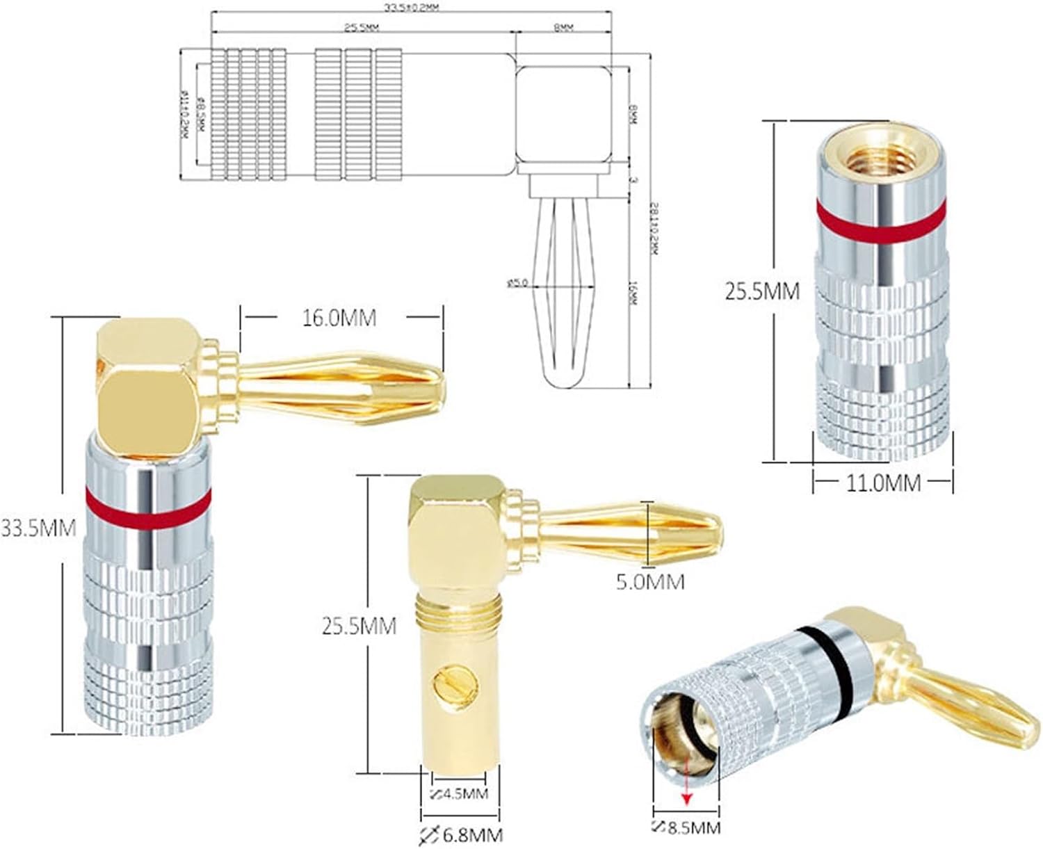24 Pieces 4mm Gold Plated Copper Locking Banana Right Angle Speaker Cable Connector Audio Banana Jack(50 Pieces)