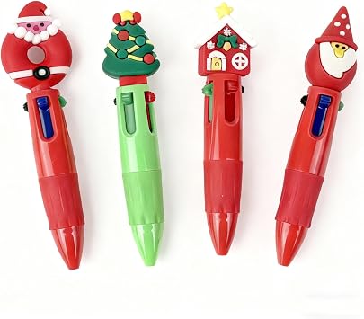 Christmas Pens Bulk, Multicolor 4 in 1 Christmas Pen, Mini Xmas Tree Wreath Stocking Ballpoint-Pen, Stocking Stuffers Cute Winter Pen Bulk for Colleagues, Families, 4Pcs 4Style