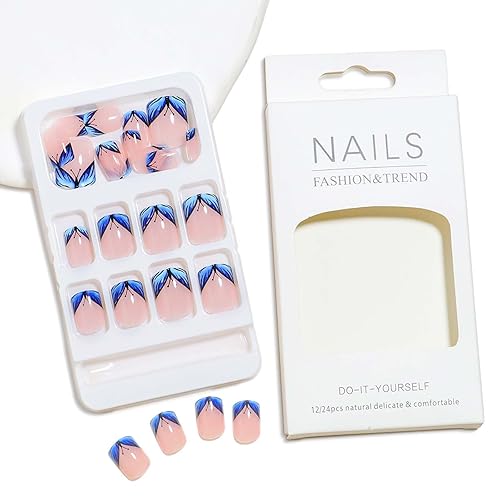 Miniatura 3 de RUOKEXIN Uñas postizas cortas a presión cuadradas con pegamento para uñas, uñas postizas acrílicas con punta francesa con diseños de mariposa azul,