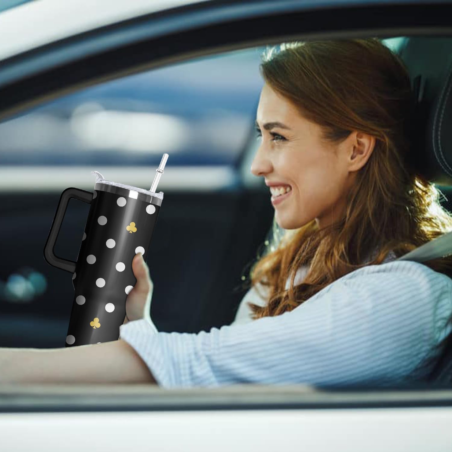 Polka Dots Tumbler with Handle and Straw, 40 oz Stainless Steel Pink Insulated Cup with Lid and Straw,Travel Coffee Mug Water Bottle, Birthday Christmas Mothers Day Gifts for Women