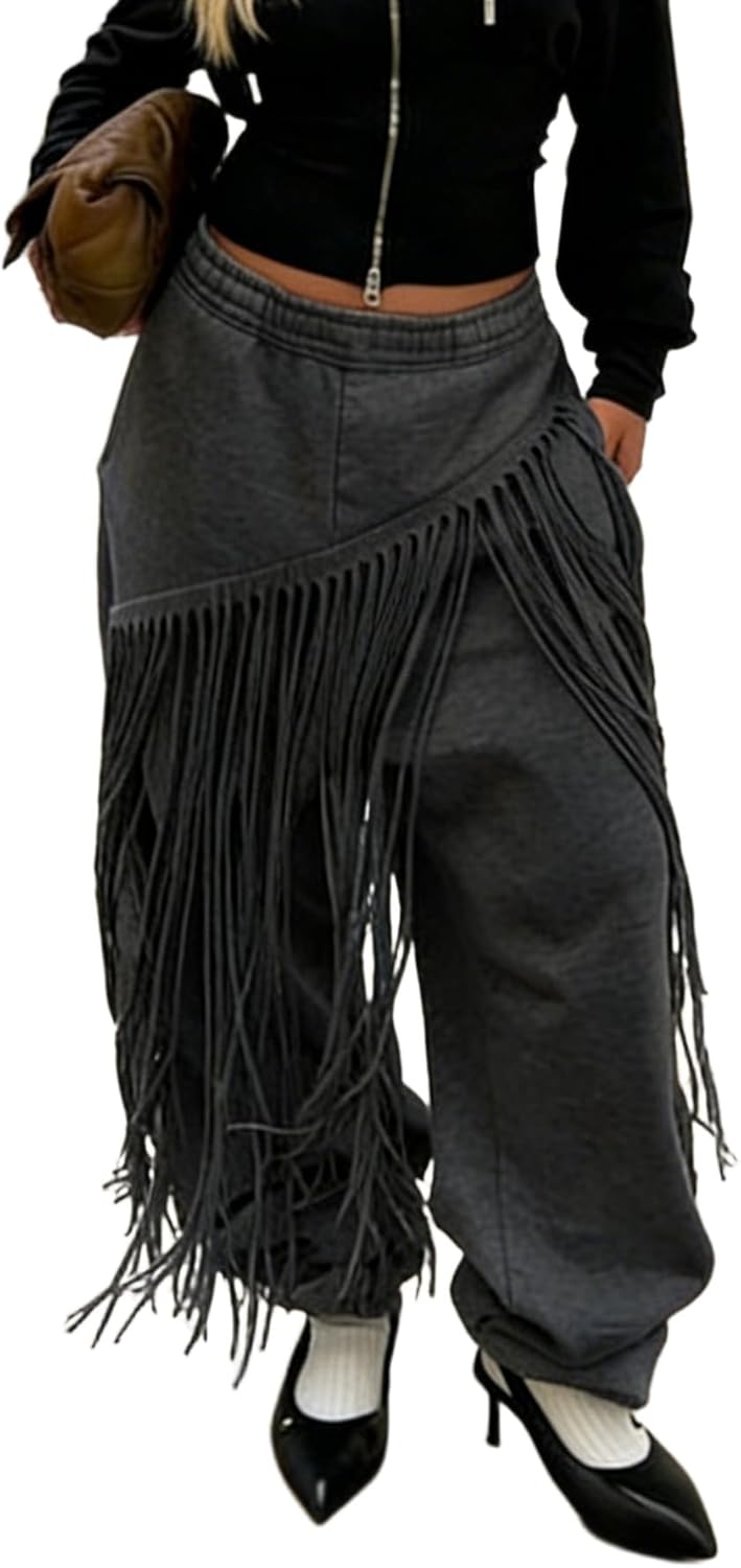 Womens Wide Leg Sweatpants High Waisted Baggy Pants Fashion Teen Girl Fringe Athletic Joggers with Pockets Tassels