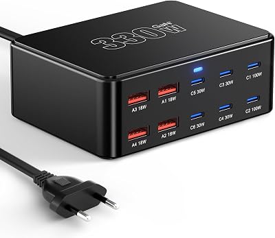 Caricatore USB C da 330 W, PD 100 W, 10 porte, GaN III, stazione di ricarica USB-C GaN Charger per MacBook Pro/Air, laptop, iPhone 17/16 Pro/iPad, Samsung, Pixel, Galaxy, Steam Deck