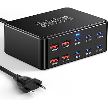 330W USB C Charger PD 100W Fast Charger 10-Port GaN III Charging Station USB-C Power Supply GaN Charger for MacBook Pro/Air Laptop iPhone 17/16 Pro/iPad Samsung Pixel Galaxy Black-1