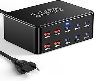 Caricatore USB C da 330 W, PD 100 W, 10 porte, GaN III, stazione di ricarica USB-C GaN Charger per MacBook Pro/Air, laptop, iPhone 17/16 Pro/iPad, Samsung, Pixel, Galaxy, Steam Deck