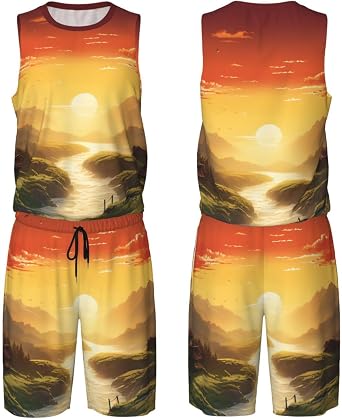 Mens Basketball Jerseys Rising Sun Uniform Suit Mesh Sports Jersey Outfits T-Shirt and Short Sets Black, Large