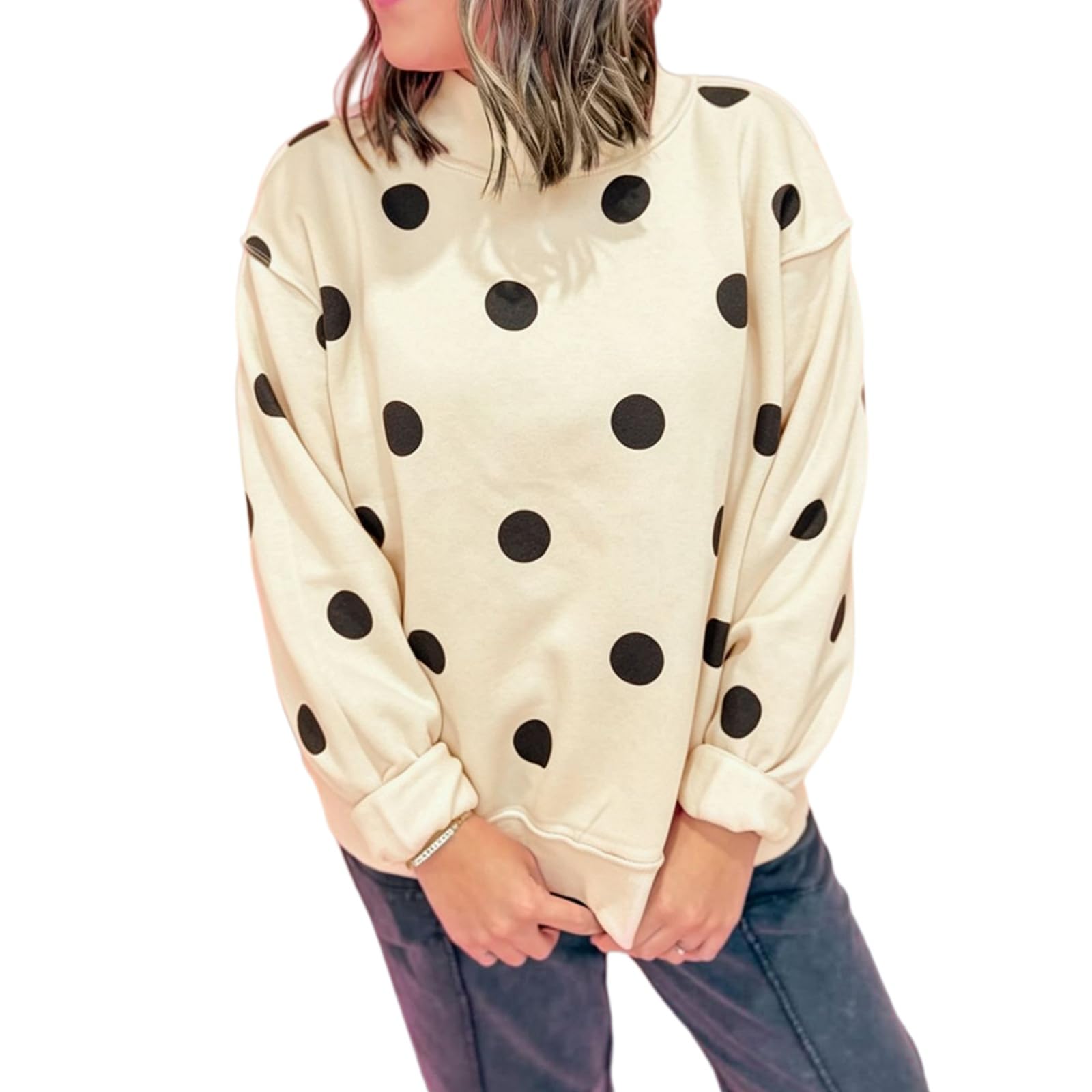 Felpa da donna a pois con collo alto, con spalle cadenti