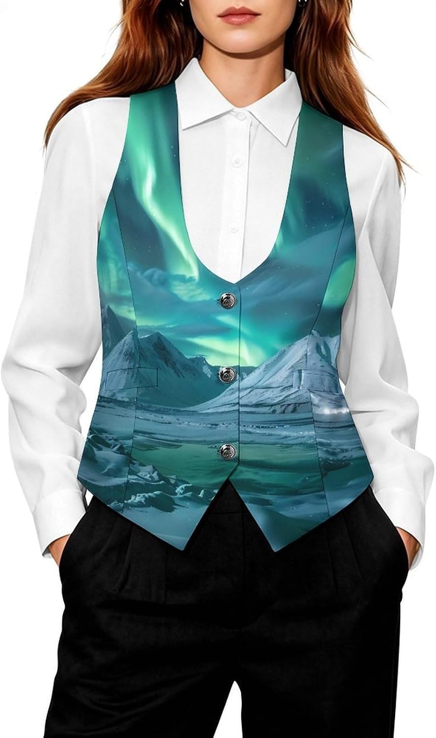 Northern Lights Women's Tuxedo Waistcoat Suit Vest | 3 Button V-Neck Slim Fit Casual Sleeveless Top