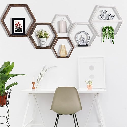 Miniatura 2 de WEC - Estantes hexagonales  Juego de 3 estantes de pared de panal con estante extra extraíble  Estantes flotantes de madera  Estantes geométricos