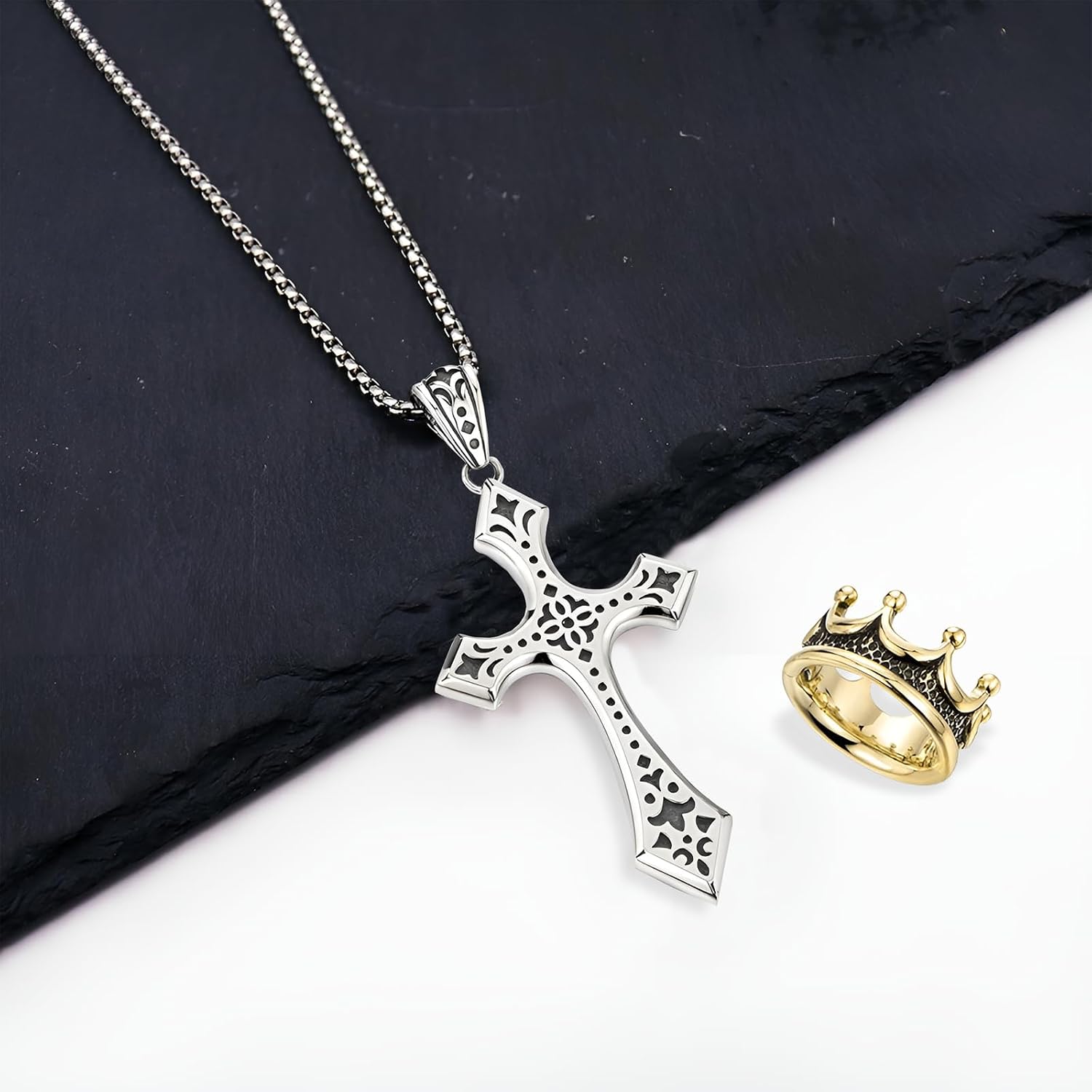 Elegant Cross Necklace for Men， Cross Pendant Necklace– Stainless Steel Chain with Detachable Crown Pendant
