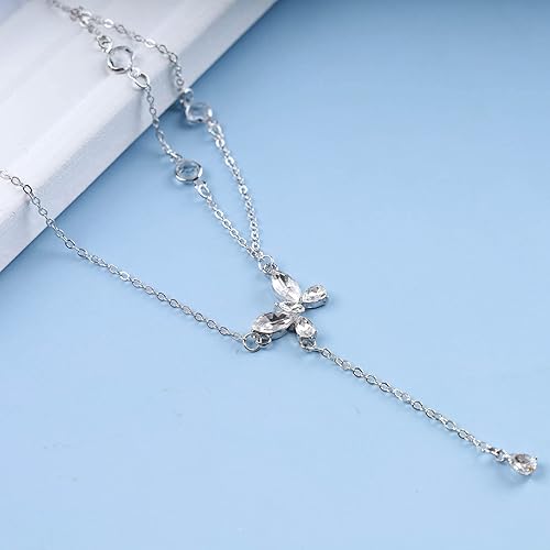 Vista 6 de Andelaisi Collar bohemio de mariposa en capas, collar de plata en Y Lariat, collar de gota de cristal plateado y gargantilla brillante de mariposa