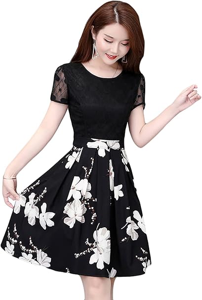 Amazon Co Jp Zhongjue ジュージェン レディース シフォン 半袖ワンピース 花柄 クルーネック ひざ丈 ワンピ 夏 フェミニン オフィス ワンピース 白 黒 シフォンワンピース 服 ファッション小物