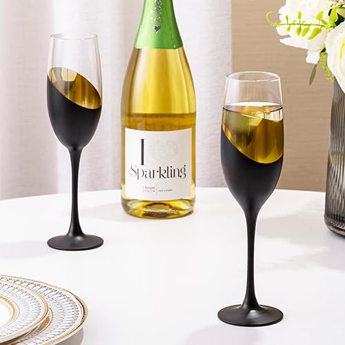 Miniatura 4 de MyGift Juego de 6 copas de copa de champán de tallo moderno con diseño negro mate y chapado en oro, copa de vino para fiesta y boda, 8 onzas