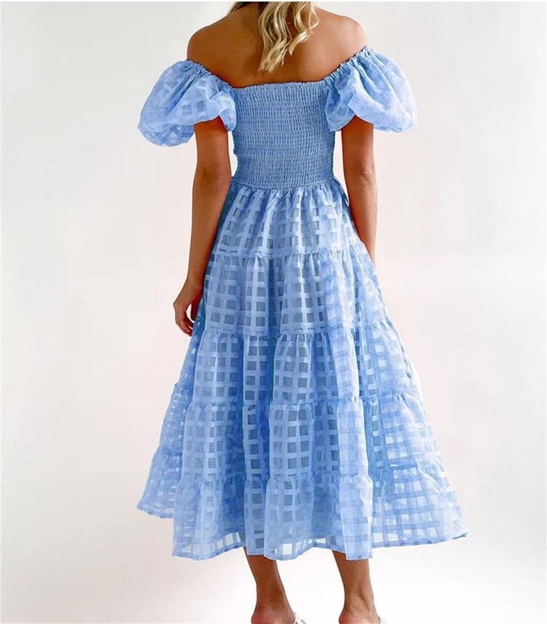 Women Solid Plaid Pleated A Line Short Puff Sleeve Elegant Party Maxi Dress