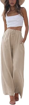 Faleave Women's Cotton Linen Summer Palazzo Pants with Pockets