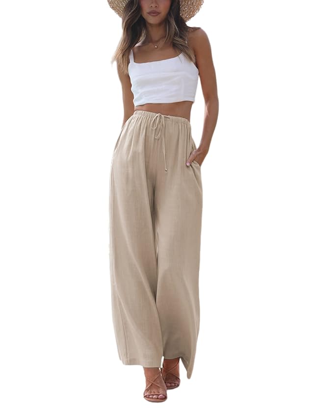 Faleave Womens Cotton Linen Summer Palazzo Pants Flowy Wide Leg Beach Trousers with Pockets