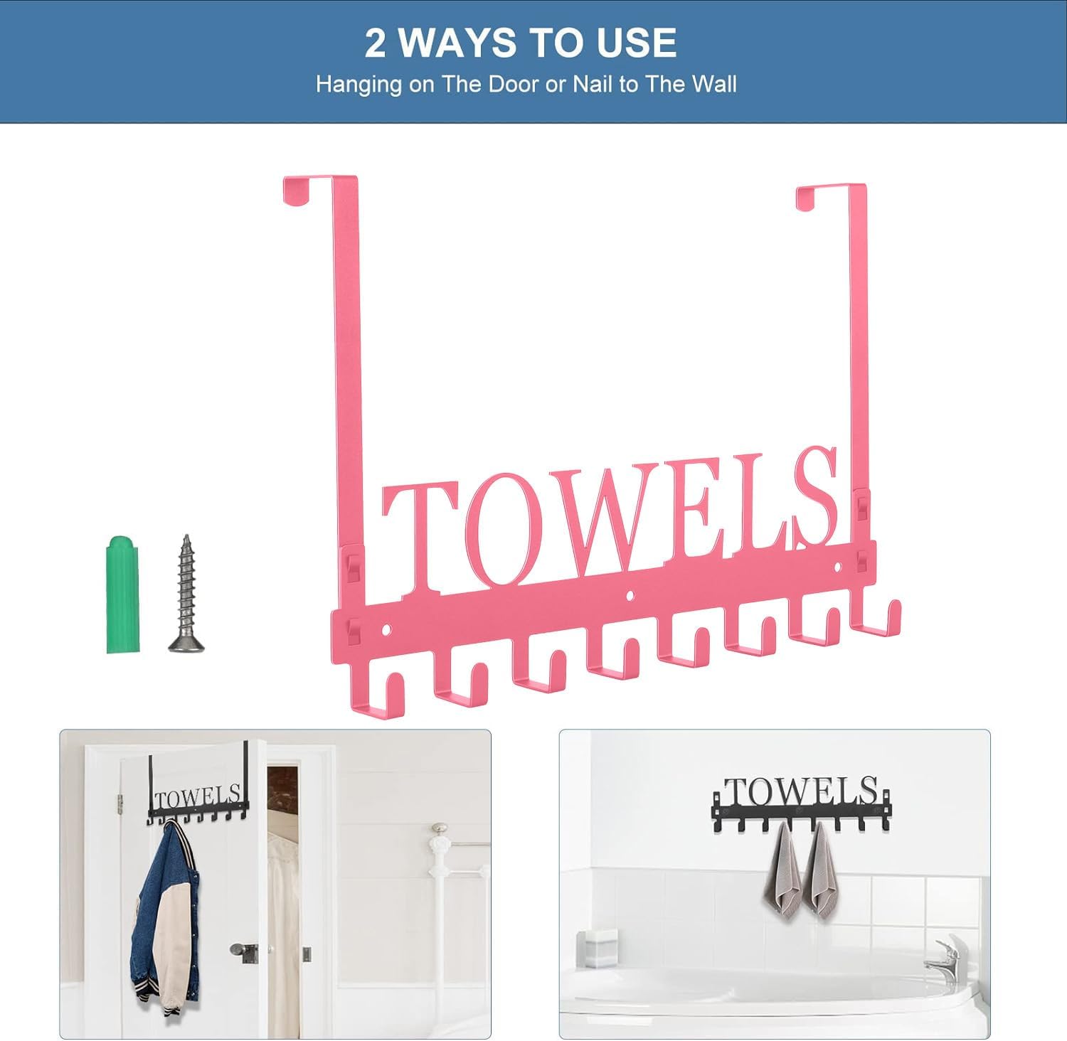 Azmoncy Over The Door Hooks - Wall Mount Towel Hanger with 8 Hooks for Bedroom Bathroom Pool Kitchen Towels, Bag, Coats - Pink image 3