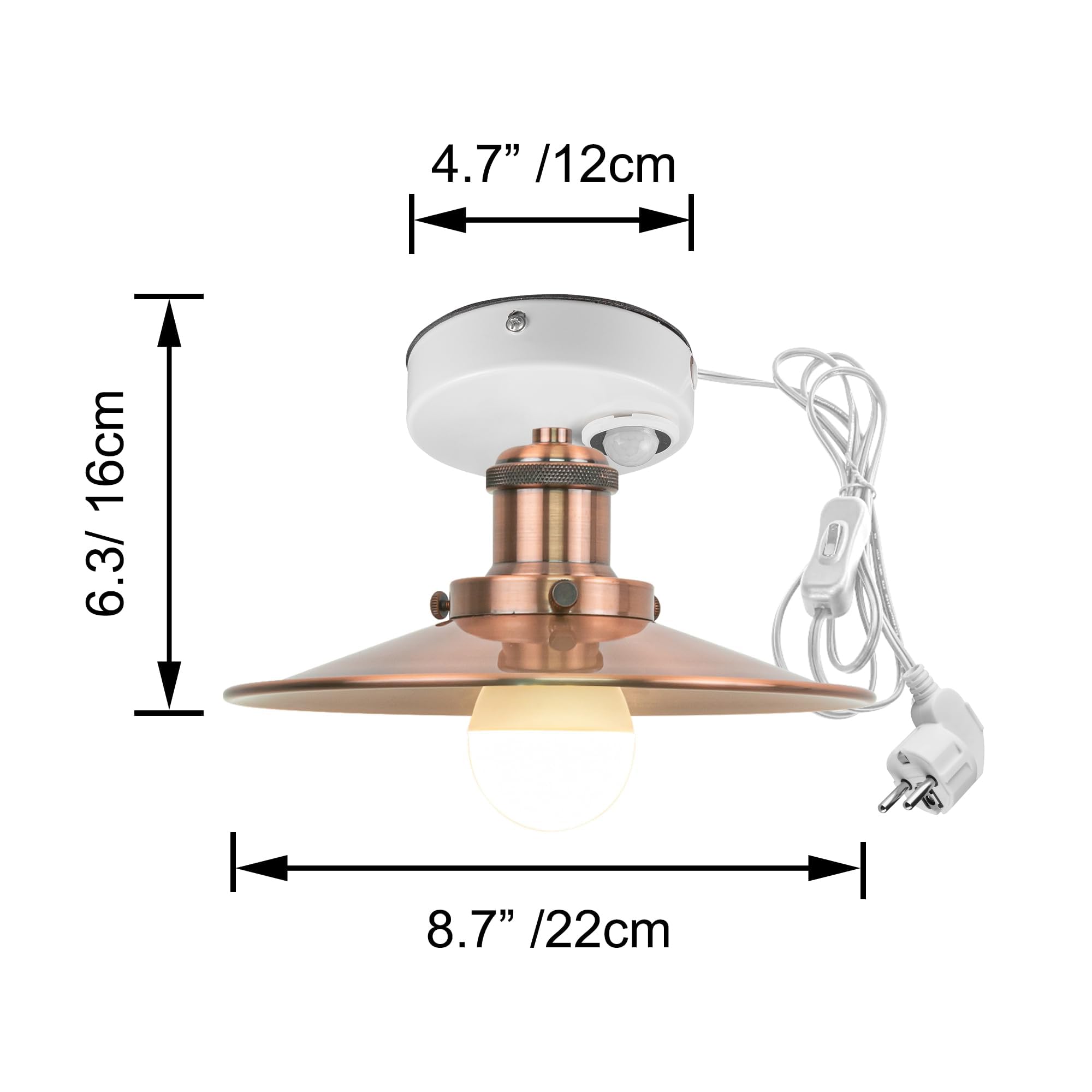 Plafoniera con sensore di movimento interno, lampada da soffitto in ferro industriale, sensore di movimento radar con cavo da 4,5 m e portalampada E27, per corridoio, bagno, scale, garage
