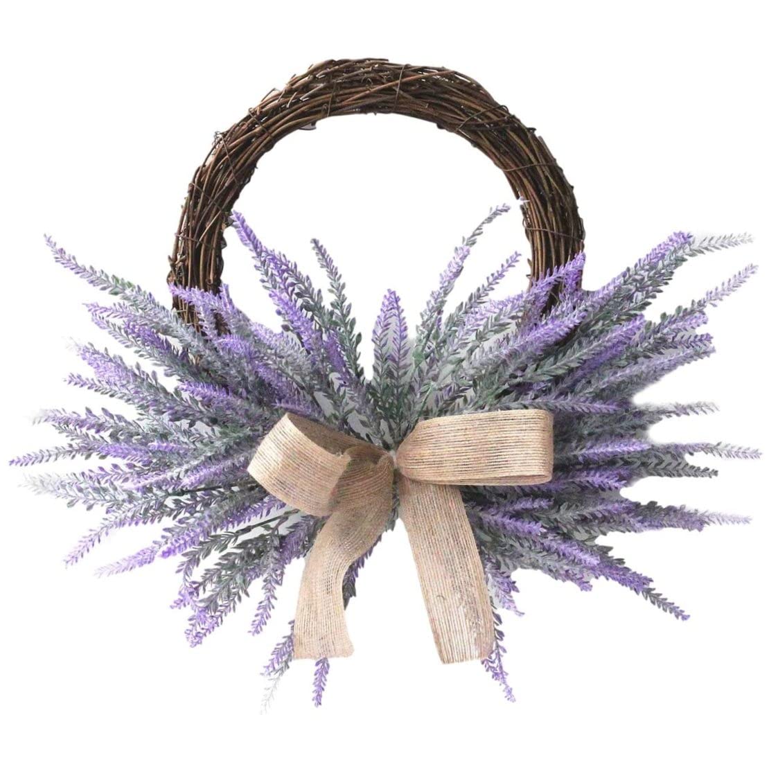 Hperu Purple 18 Inch Artificial Lavender Wreath, Silk Flower Wreath With Bow For Front Door Window Wall Party Home Decor, Flower
