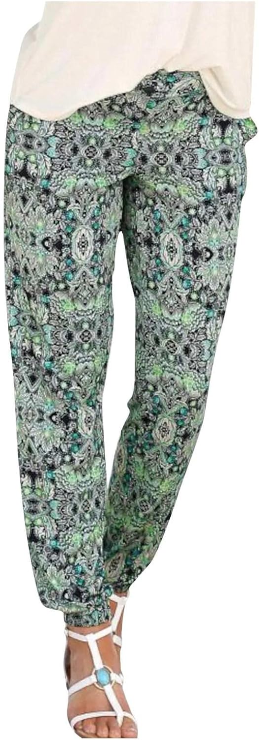 Pantalon Fluide Femme été Imprimé Floral - Taille Haute élastique, Coupe Baggy Boho, Léger Pour Plage, Yoga
