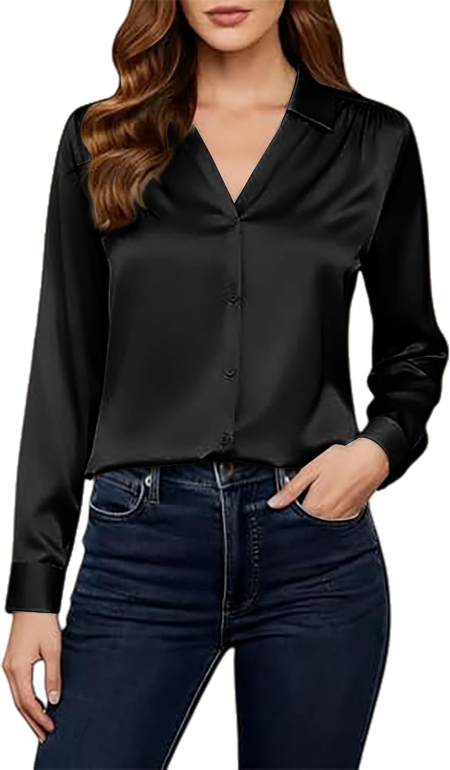 Womens Business Casual Blouses Dressy Work Tops Fall Fashion V Neck Pleated Long Sleeve Shirts