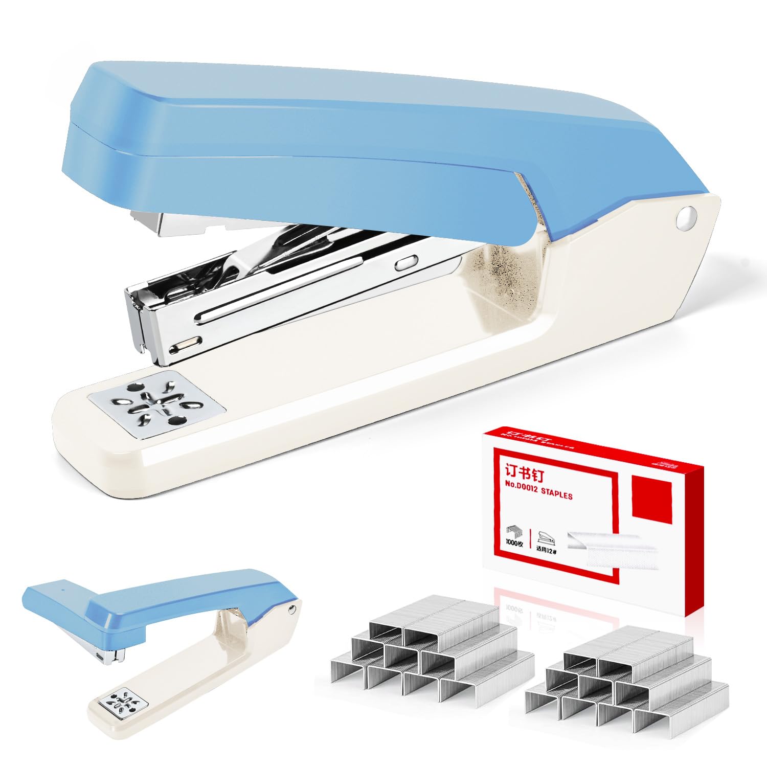 MJMX 360° Rotating Swing-Arm Stapler, 25-Sheet Capacity, with 1000 Staples, 8-Position Lock, ABS Durable Design, for Office/Home/School (White+Blue)