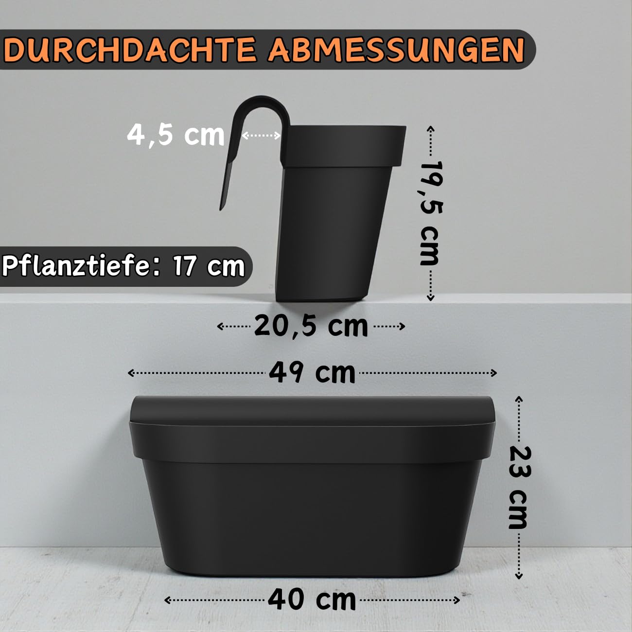 3 x Balkonkasten für Geländer & Zaun, Anthrazit, Blumentopf mit Wasserspeicher, Blumenkasten zum EIN-Hängen, Balkontopf, Pflanzkasten, 49 x 20,5 x 23 cm, Außenbereich, Kunststoff