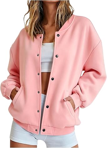 Bomber Jacket For Women Casual Button Down Trendy Varsity Sweatshirt Fall Oversized Long Sleeve Outfits With Pockets
