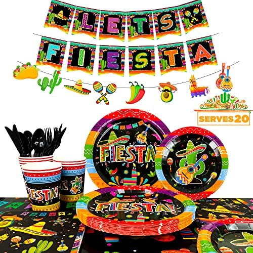 Mexican Party Decorations Supplies-161pcs Cinco De Mayo Plates and Napkins Sets Includes Cinco De Mayo Plates Napkins Cups and Mexian Fiesta Banner Bunting etc Fiesta Party Decor, Serves 20