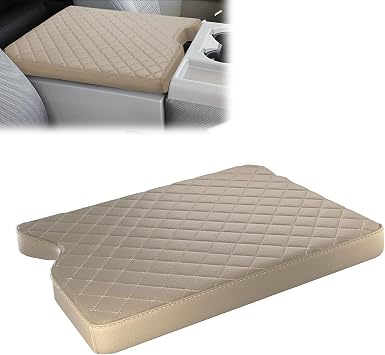1 PC Car Armrest Protection Pad, 15.3" x 12.6" x 2.6" Jumping Chair Checkered Leather Center Console Cover, Scratch-Resistant Elastic Band Edge, for Ford F150, F250, F350, F450, F550 Beige