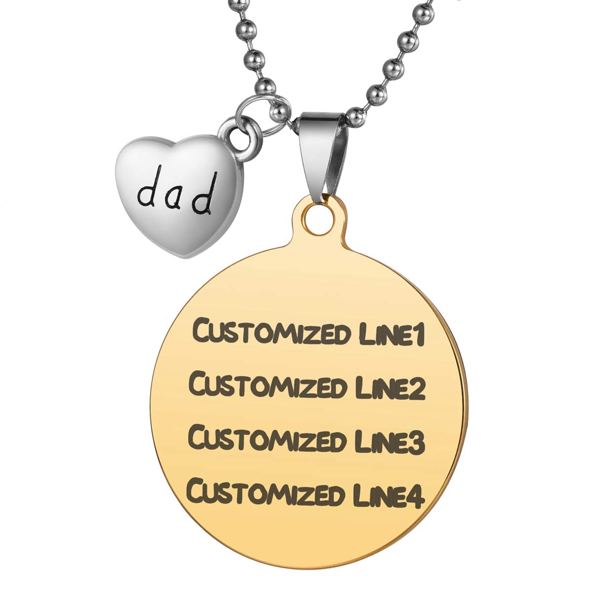 COCO Park Free Engraving Name ID Tag Personalized Stainless Steel Round Pendant Necklace Pet Tag Dad Charm - Gold