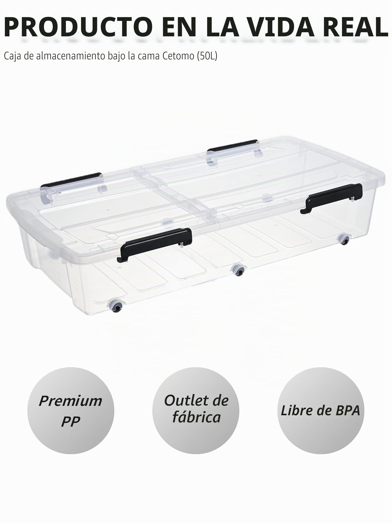 Cetomo 50L*4 Cajas de Almacenamiento con Ruedas, Contenedor bajo La Cama con Tapas de Doble Apertura, Caja Organizaora Plana y Duradera para el Dormitorio, Apilables, Transparencia, 50L-Unidad de 4