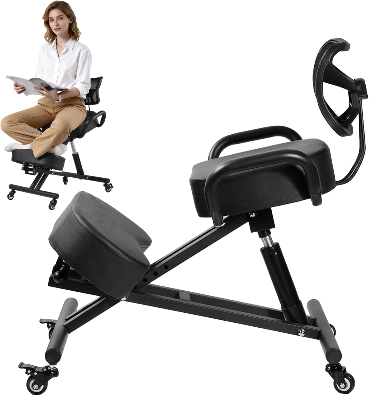 Ergonomic Kneeling Chair Height-Adjustable 31.4"-35.4" with Backrest Armrests Lockable Wheels 220 Lbs Capacity Postures Kneeler for Desk Home Meditation Black