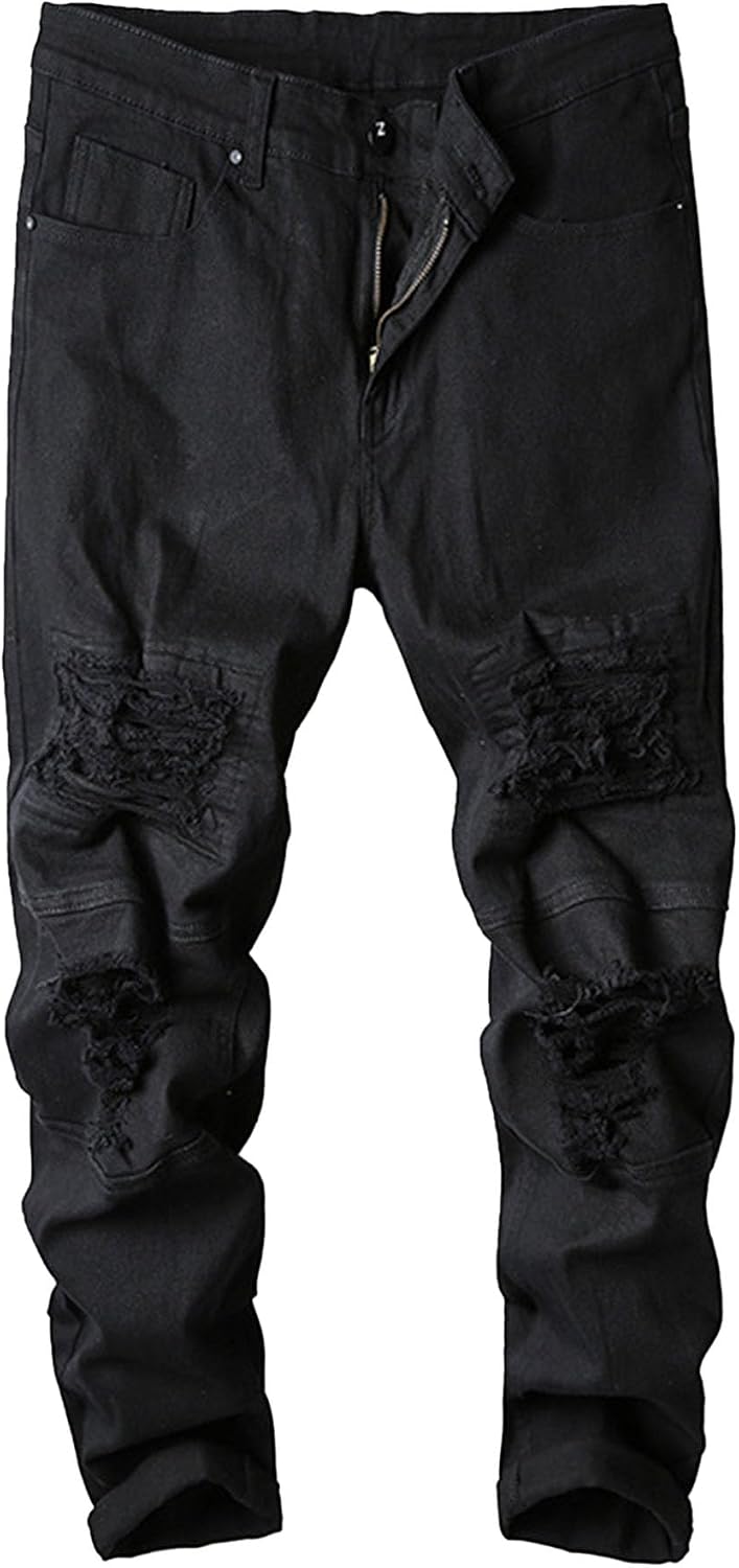 Men Casual Slim Feet Pants with Holes Mid Waist Ripped Street Pencil Jeans Distressed Destroyed Denim Trouser