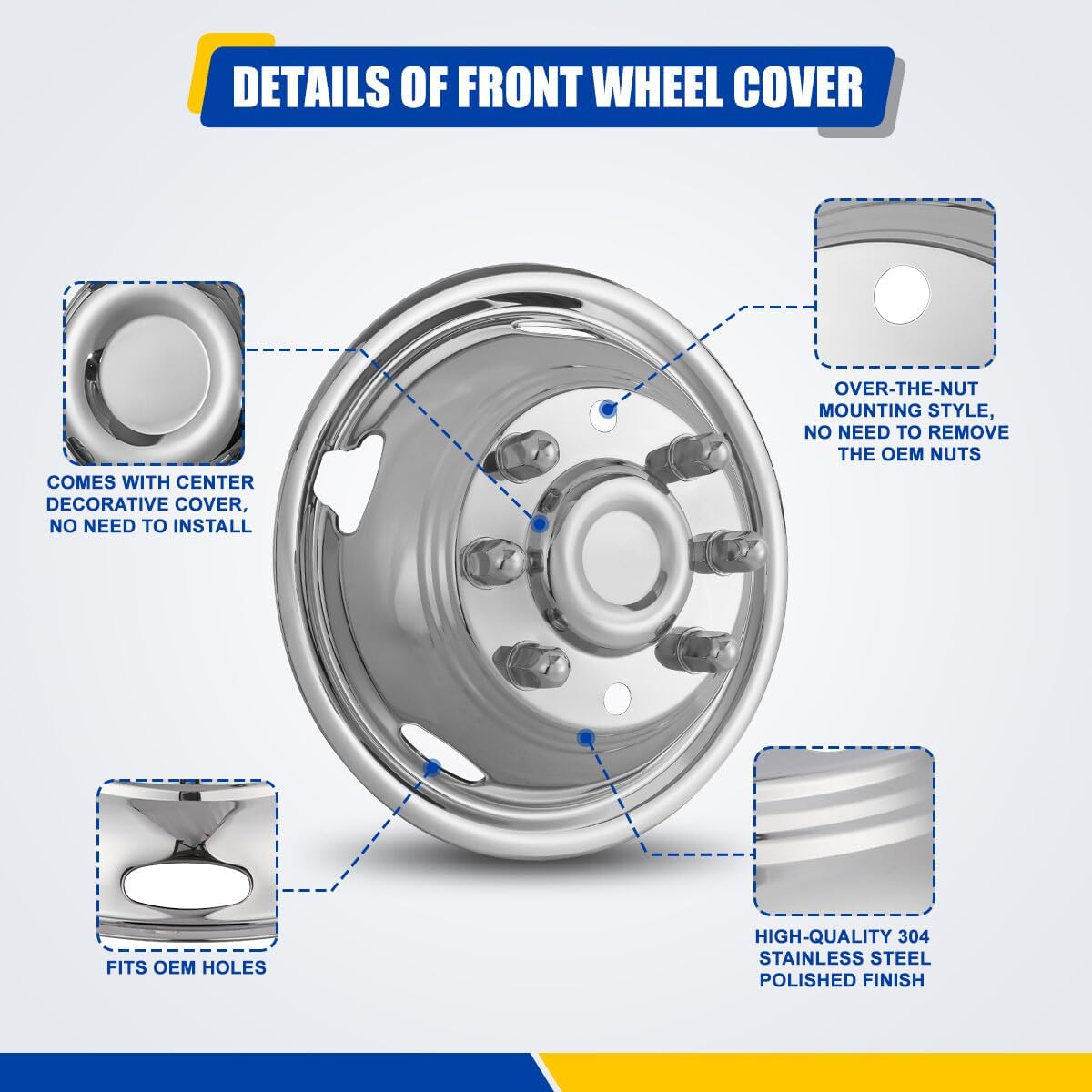 4x 16inch 304L Stainless Steel Dually Wheel Simulators, Bolt on Wheels Covers, Screw on 8 Lug 4 Hand Hole Hubcaps Fit for 2001-2007 Chevy GMC 3500 Truck 2003-2021 G3500/G30 Van w/Tool Kit 16D8