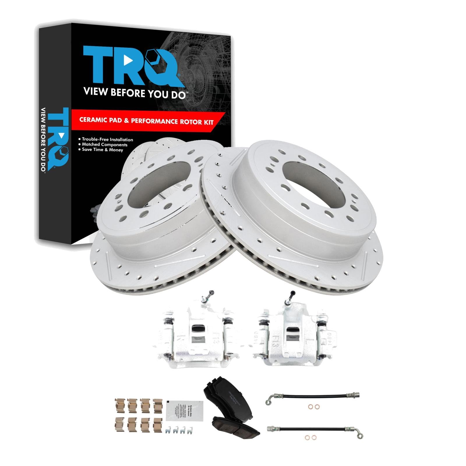 TRQ Performance Rear Brake Pad and Rotor Set Ceramic Slotted Drilled Calipers Compatible with 2010-2014 Toyota FJ Cruiser