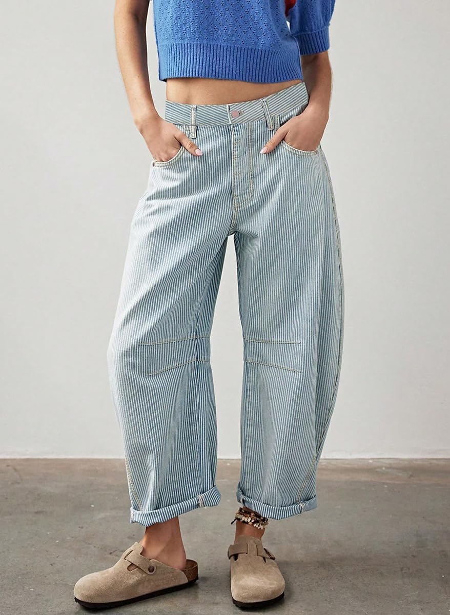 CHOUYATOU Women's Baggy Striped Barrel Jeans Wide Leg Y2K Mid Rise Patchwork Cropped Denim Ankle Pants