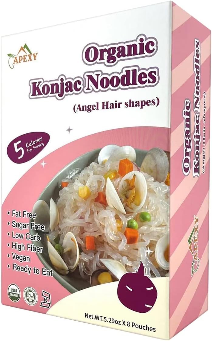 Apexy Organic Shirataki Konjac Noodle 8 Pouches Total 42.24oz. Low Calorie, Low-Carb Gluten Free, Vegan, Keto and Paleo-Friendly. (Angel Hair Shapes)