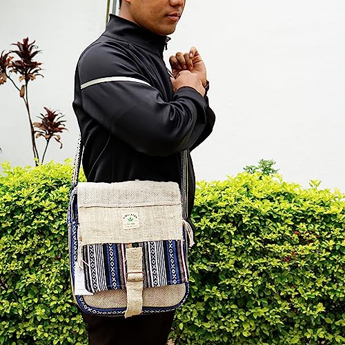 Fwosi Hemp Hippie Messenger Bag, 4-Pocket Zip Closure Crossbody Tote With Adjustable Strap For Men And Women, Handmade In Nepal With Organic Himalayan Hemp And Cotton, Blue Stripe Pattern #TOP4
