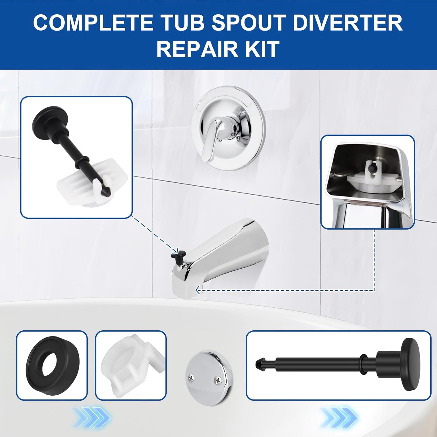 2 Set Universal Tub Spout Diverter Repair Kit, Bathroom Shower Bathtub Leaky Faucet Repair Replacement Parts, Includes 2*Diverter Valve Stems, 2*Gates and 2*Cup Seals (Matte Black)