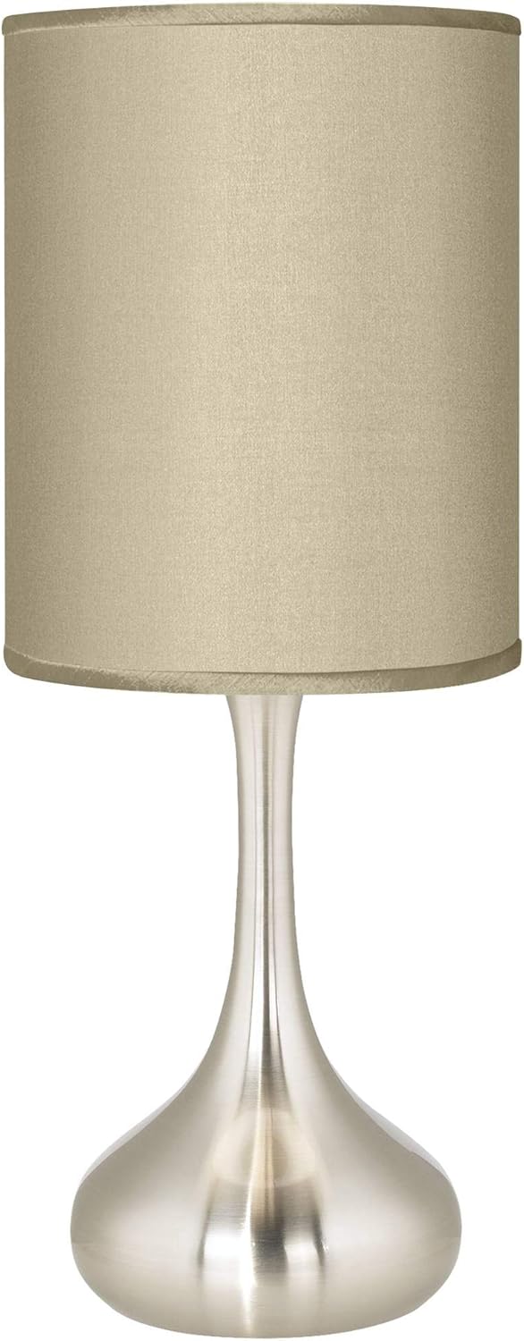 Possini Euro Design Sesame Modern Industrial Droplet-Shaped Accent Table Lamp 23.5" High Brushed Nickel Metal Faux Silk Cylinder Shade for Living Room Bedroom House Bedside Nightstand Home Office