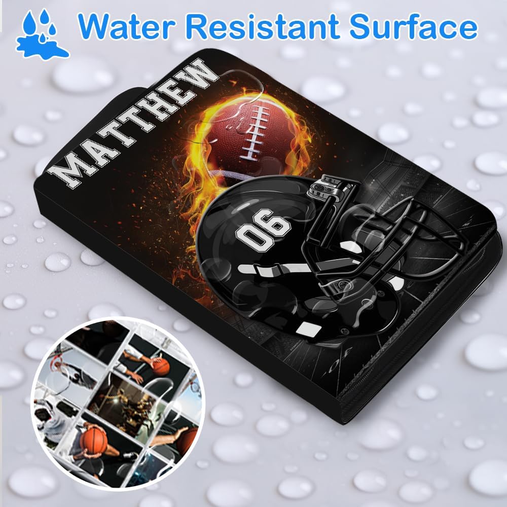 Personalized Football Card Binder Album with Name & Number Sports Trading Card Holder Organizer, Collectible Storage Book for Football Fans (Football Helmet on Fire)