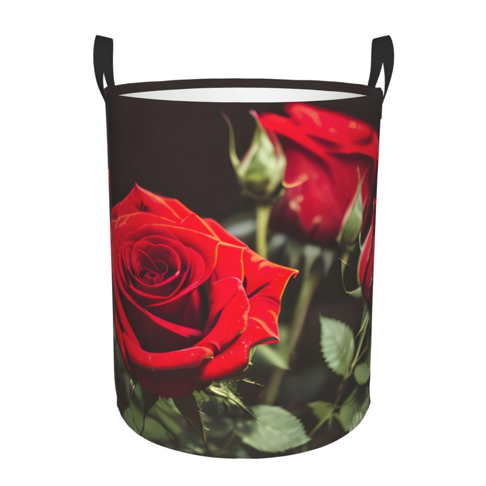M Collapsible Round Wine and Red Rose Print Laundry Hamper