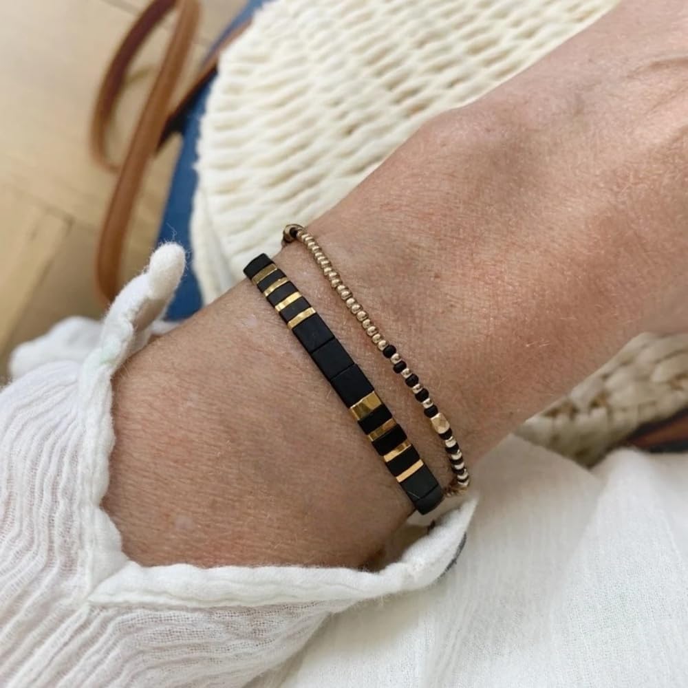 Tila Flat Beaded Stretch Bracelets for Women Stackable Gold Colorful Seed Beads Boho Bracelet Stack Adjustable Rope String Friendship Jewelry Trendy Holiday Gift - Image 2