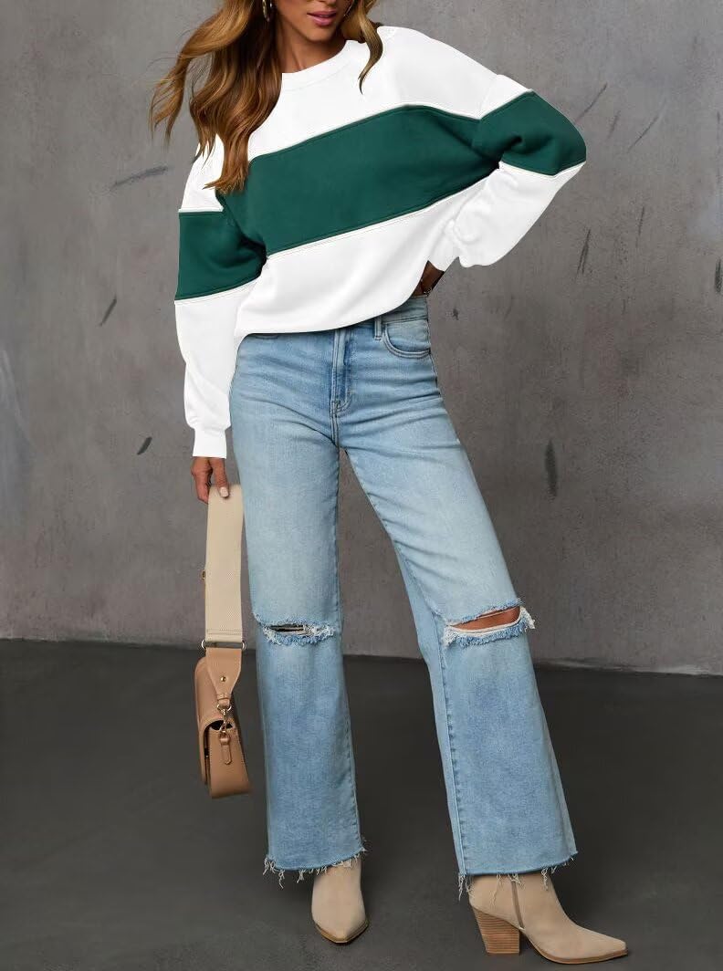 LEEDYA Womens Long Sleeve Sweatshirts Oversized Crewneck Color Block Pullover Top Casual Lightweight Blouse Tops