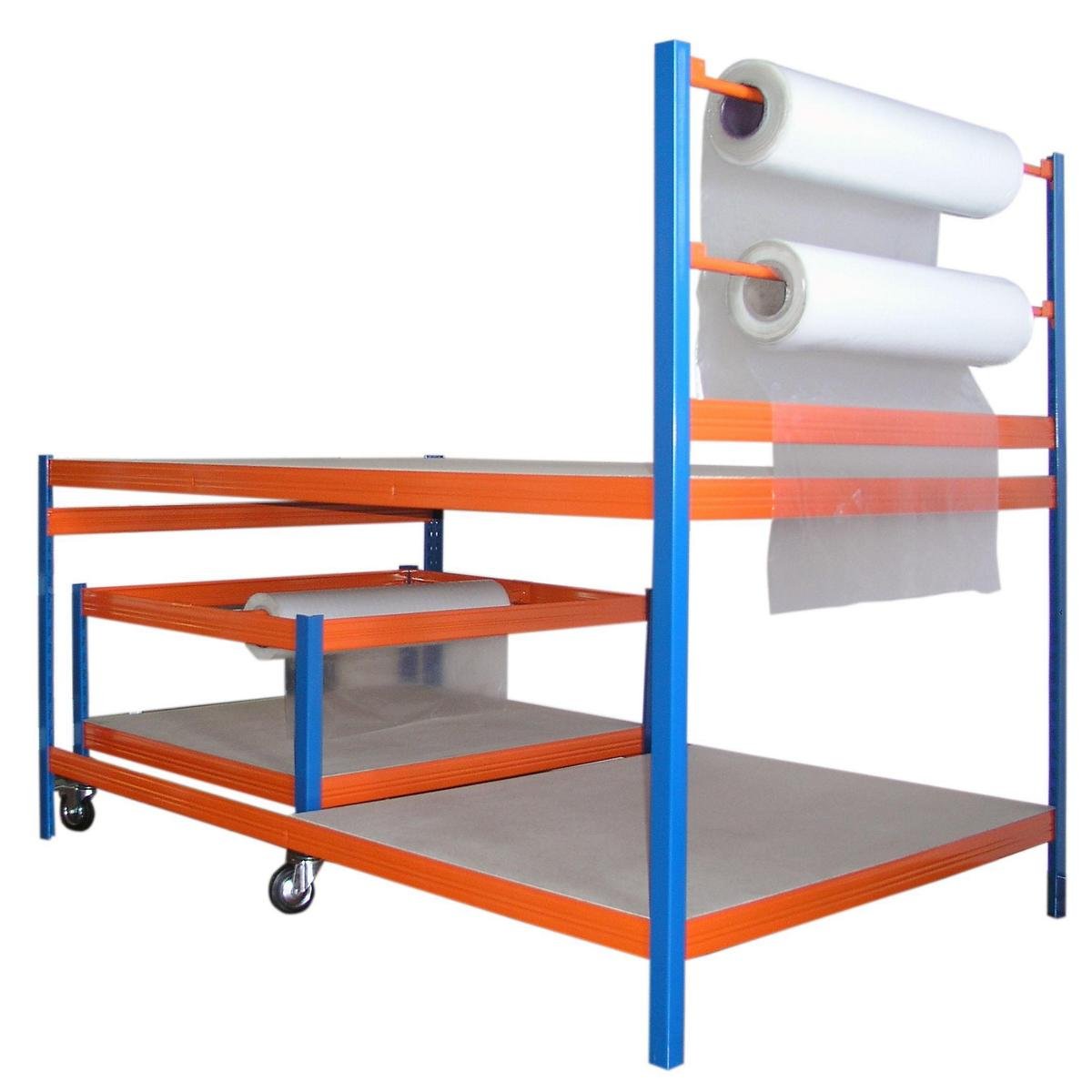 Profi-Verpackungsstation 2, HxBxT: 150x180x120 cm, 300 KG/Holzboden, inkl. Rollwagen 55x80x120 cm, blau/orange (Packtisch Rollenhalter Arbeitstisch Werktisch)