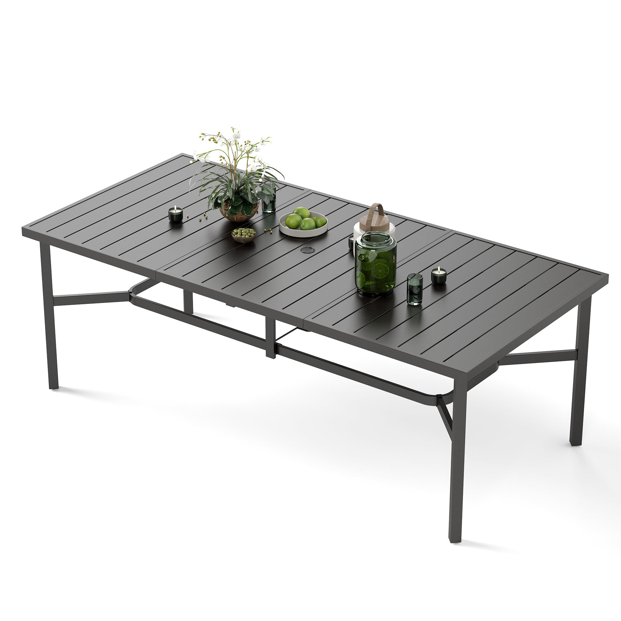 Outdoor Patio Dining Table for 8, 83" x 39" Rectangular Metal Patio Dining Table with 1.7" Umbrella Hole, All Weather Wrought Iron Black Outdoor Table for Garden, Backyard and Porch
