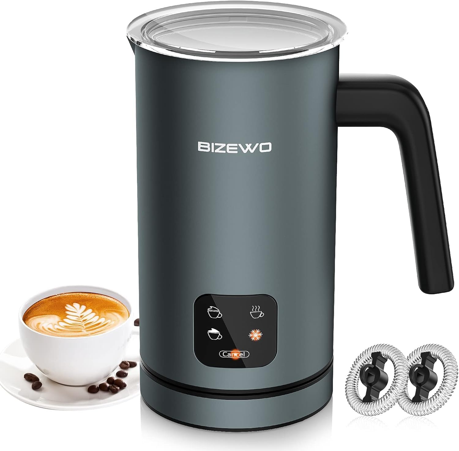BIZEWO Milk Frother Electric, Warm and Cold Milk Steamer, 4 IN 1 Automatic Milk Warmer Stainless Steel with Touch Screen for Coffee, Latte, Macchiato, Cappuccino, Hot Chocolate
