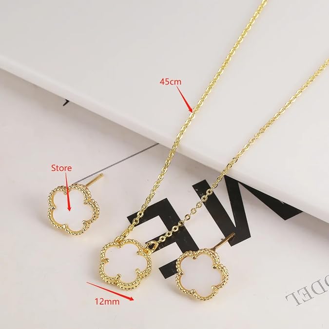 18K Yellow Gold Shiny Four Leaf Clover Necklace For Women,Colorful Flower Plum Blossom Plant Clover Pendant - 4 Leaf Clover Necklace, Alhambra Necklace, Lucky Clover Necklace For Birthday Valentine Graduation Gifts