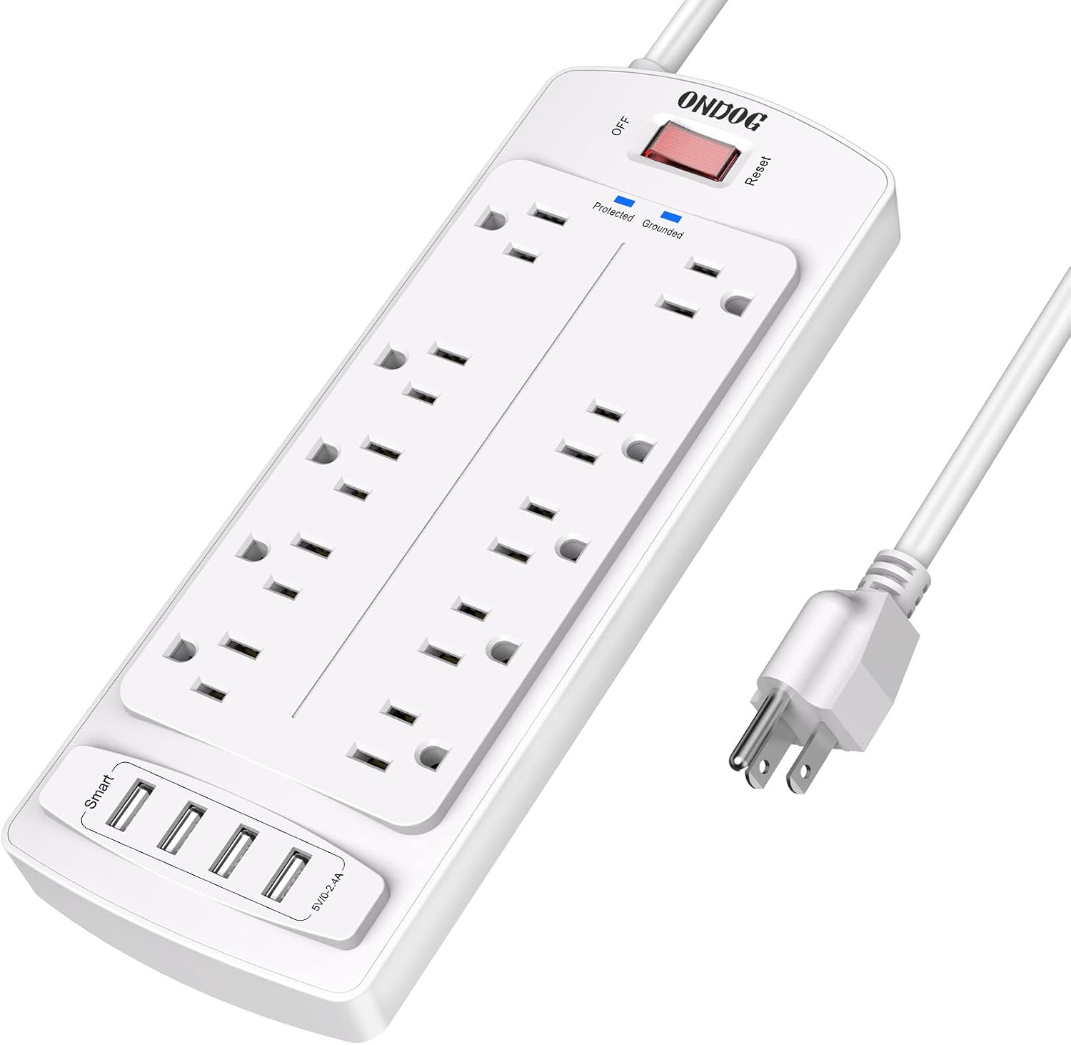Power Strip Surge Protector, ONDOG 6 Ft Extension Cord with 10-Outlet Expanders and 4 USB Ports(1 USB-C), 1680 Joules, ETL Listed for Home, School, Office White