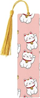 Wood Bookmarks Set with Tassels Wood Book Marker Tags Craft Wedding Birthday Party Decor (Japan Lucky Cat Funny Fat Cats Pink)